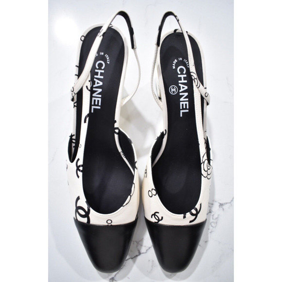 Chanel 23P Mademoiselle Coco Sling White Black CC Logo Slingback Sandal Heel 40 - Picture 8 of 13